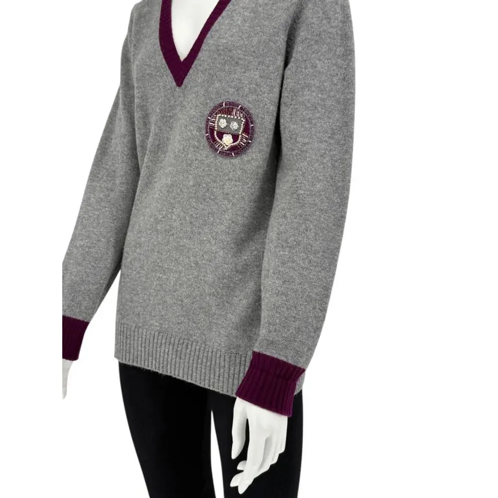 Chanel 2007A Grey and Purple Cashmere Beaded Crest Detail V Neck Sweater
